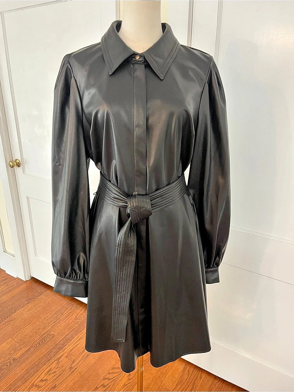 NEW with TAGS Karl Lagerfeld Paris Black Belted Leather-Look Shirt Dress – State